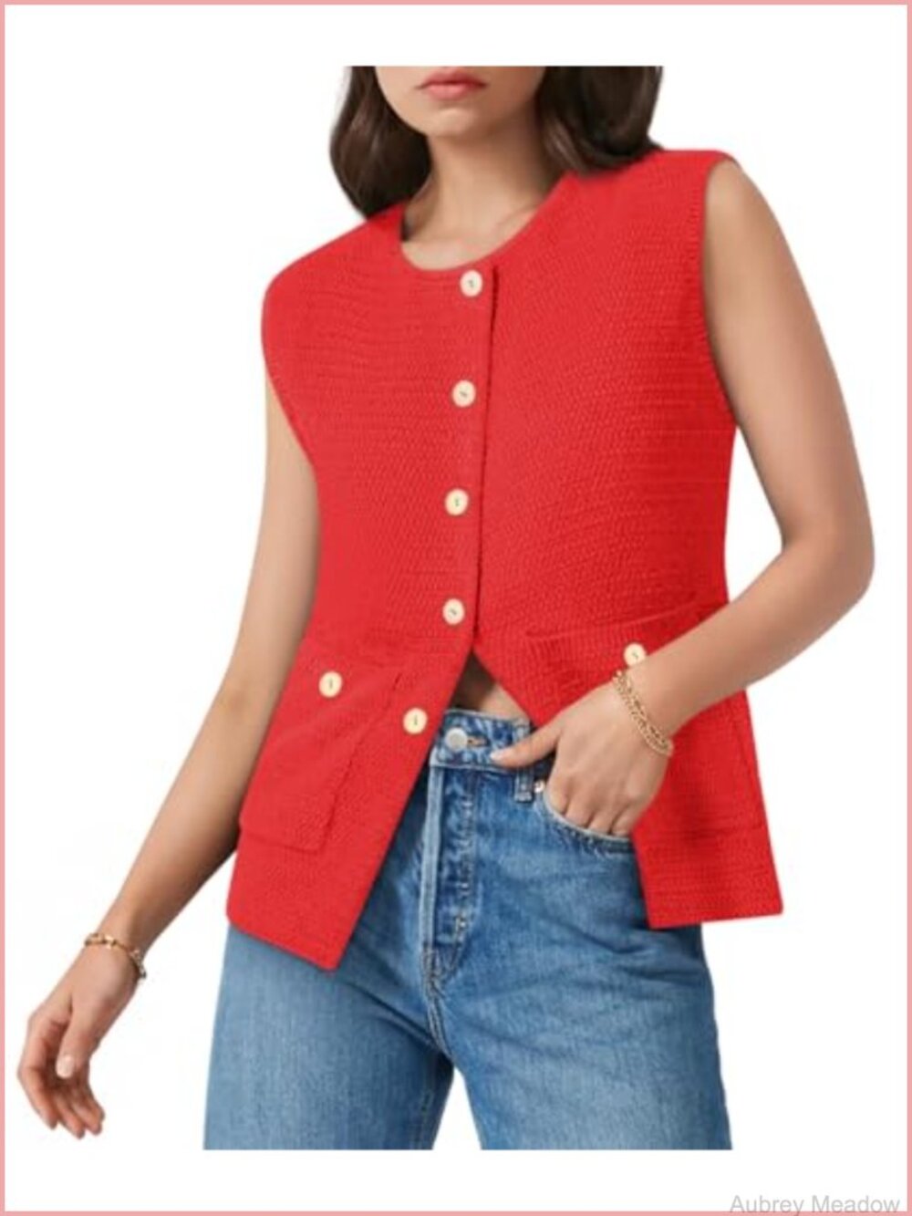Women's Sleeveless Knit Sweater Vest Button Down Round Neck with Pockets